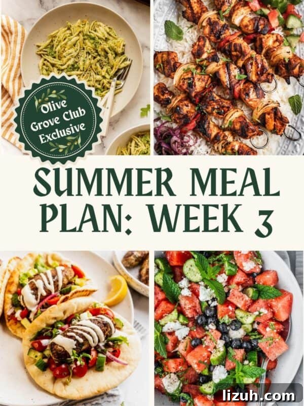 Collage of recipes including grilled chicken skewers, pesto pasta, turkey kofta pitas, and watermelon salad.