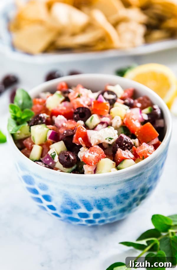 Greek Salsa is a light, healthy and fresh take on a traditional salsa- it's super easy to make with tomatoes, cucumber, olives, oregano, lemon juice, onions and feta cheese. This is so delicious, you won't be able to stop eating it!