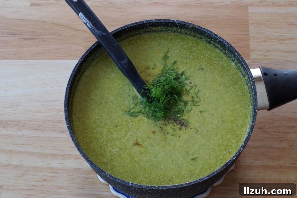 Creamy Fiddlehead and Cheese Soup Recipe 12 dill being whisked into soup