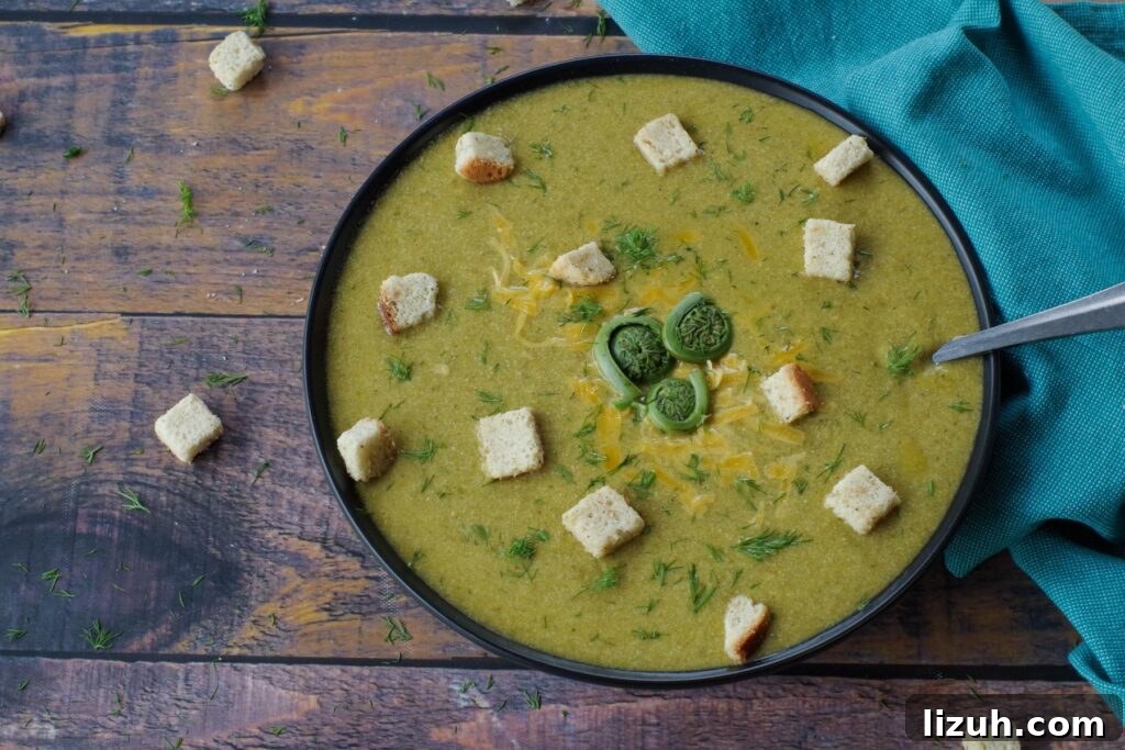 Creamy Fiddlehead and Cheese Soup Recipe 13 fiddlehead soup in a black bowl with a spoon and turquoise linen to the right of the bowl ad croutons and fresh dill in and around the soup
