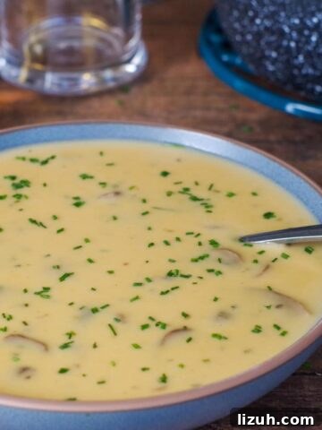 blue bowl of beer cheese soup with spoon in it and pot, beer mug and bottle of beer in the background