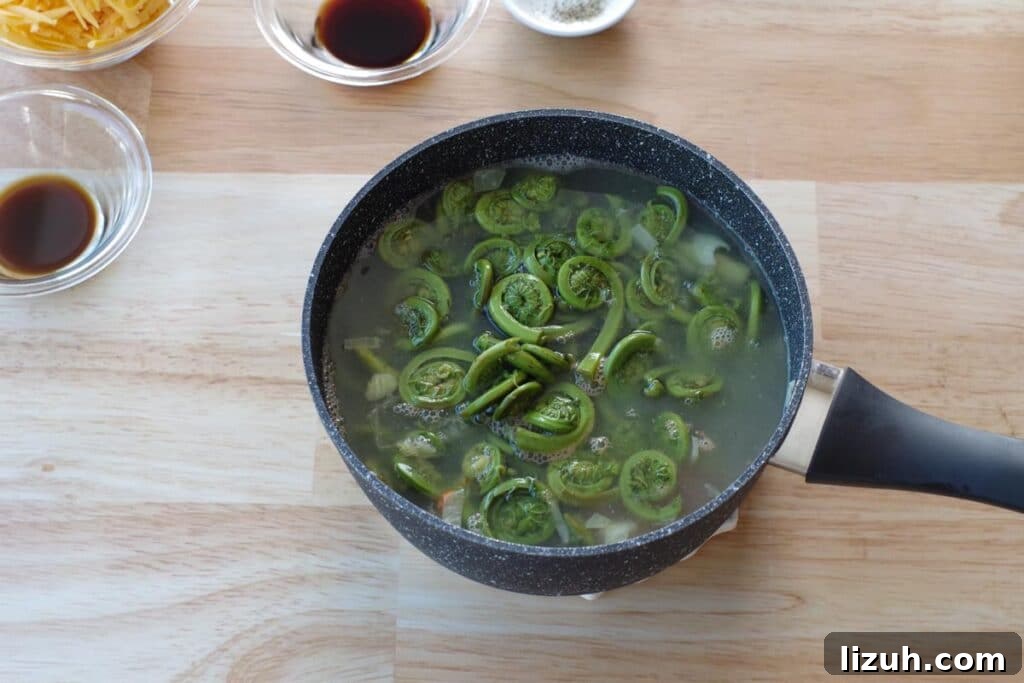 Creamy Fiddlehead and Cheese Soup Recipe 6 fiddleheads and carrots with broth added to pot with onions