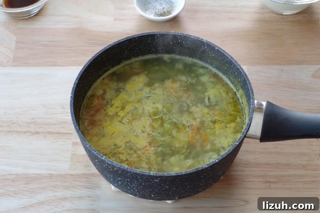 Creamy Fiddlehead and Cheese Soup Recipe 7 soup boiled in pot with vegetables