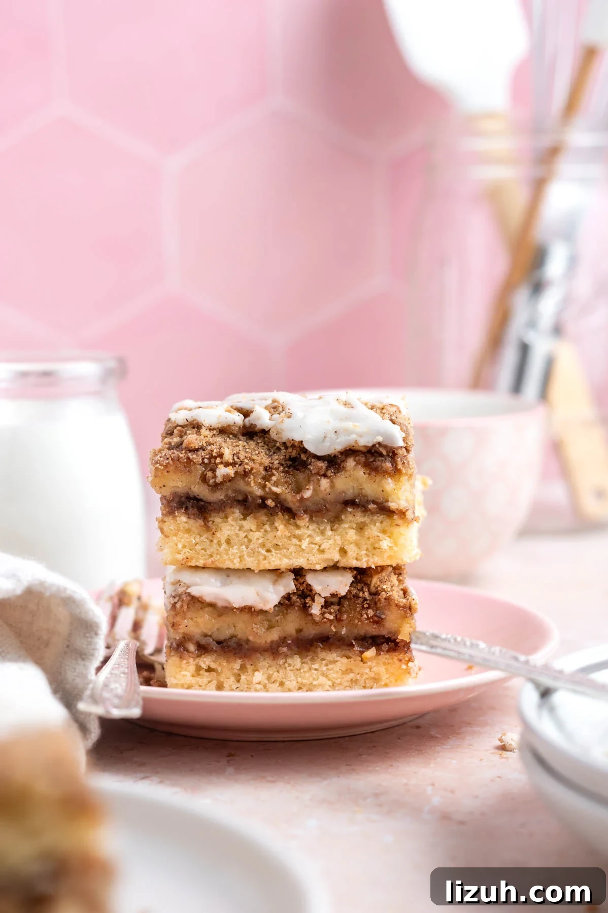 Cinnamon Walnut Coffee Cake Recipe for Weekend Baking 17 stack of cinnamon walnut coffee cake slices on a plate