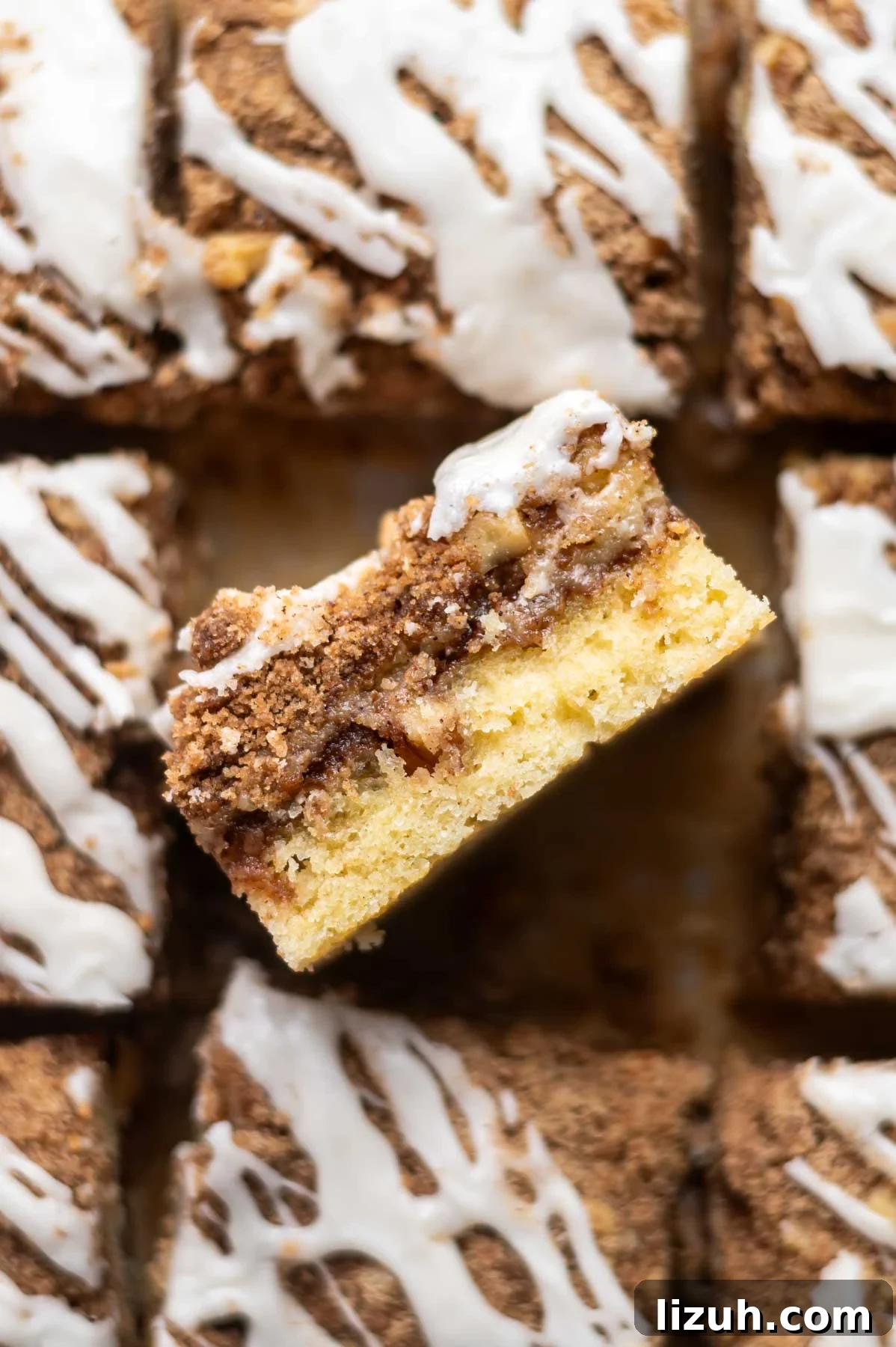 Cinnamon Walnut Coffee Cake Recipe for Weekend Baking 3 slice of coffee cake on it's side showing cinnamon walnut swirl in the middle