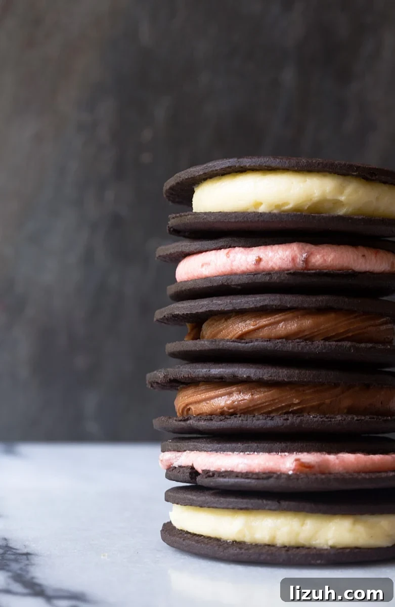 Homemade Oreo Cookies Recipe — Classic Sandwich Cookies at Home 5 Neapolitan Oreos with Strawberry, Vanilla and Chocolate Filling