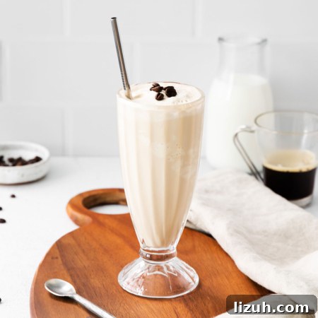 Creamy Mocha Milkshake Recipe for Coffee Lovers 6 side view image of a tall glass of a creamy mocha milkshake garnished with roasted espresso beans and a silver straw