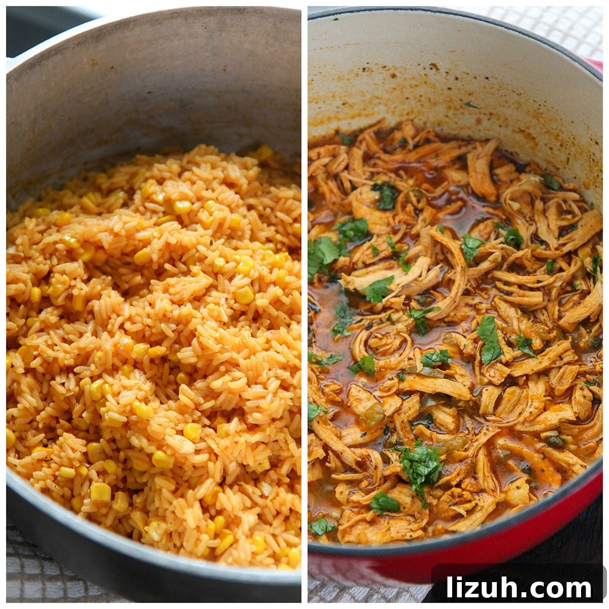 Imperial Rice: Creamy Baked Rice with Chicken and Shrimp 3 a collage with two photos showing a pot of yellow rice and a pot of shredded chicken.