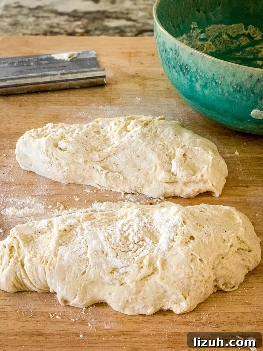 Crisp-Crust Sourdough French Bread Recipe for Rustic Loaves 5 French sour dough cut into two pieces and ready to roll into loaves of dough.