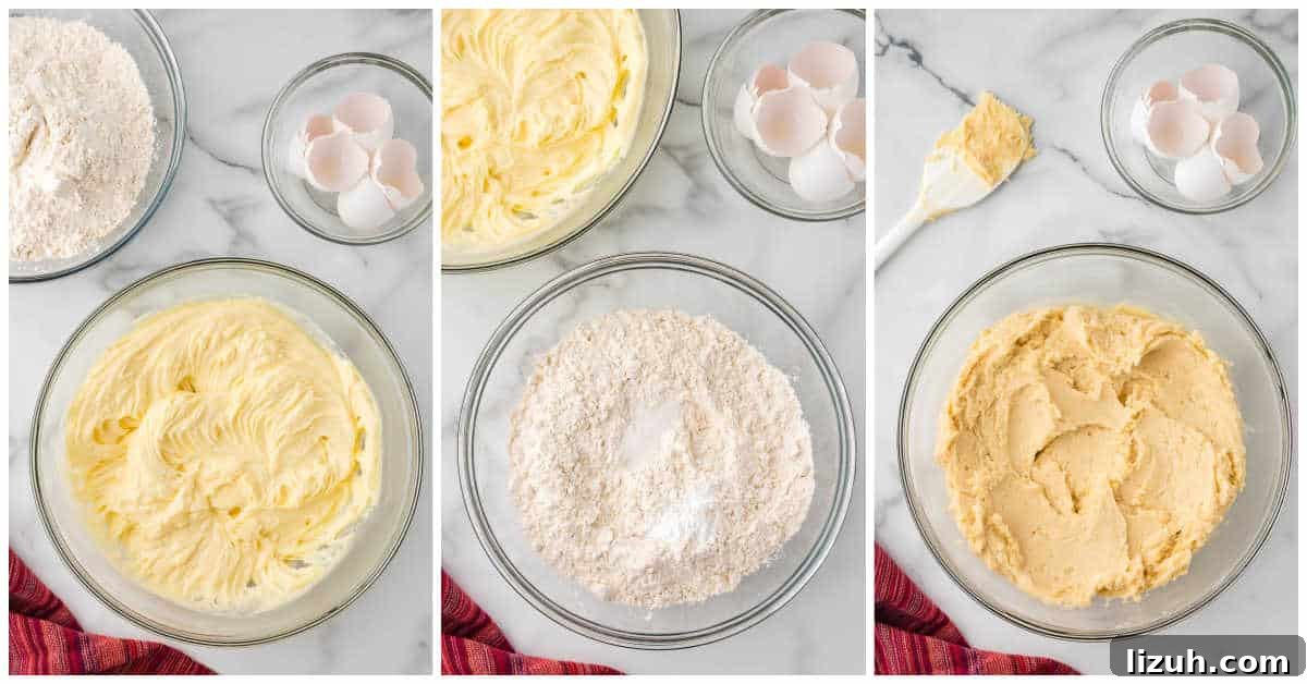 Soft and Chewy Cream Cheese Cookies — Simple Homemade Recipe 4 Collage of making the dough in a bowl.