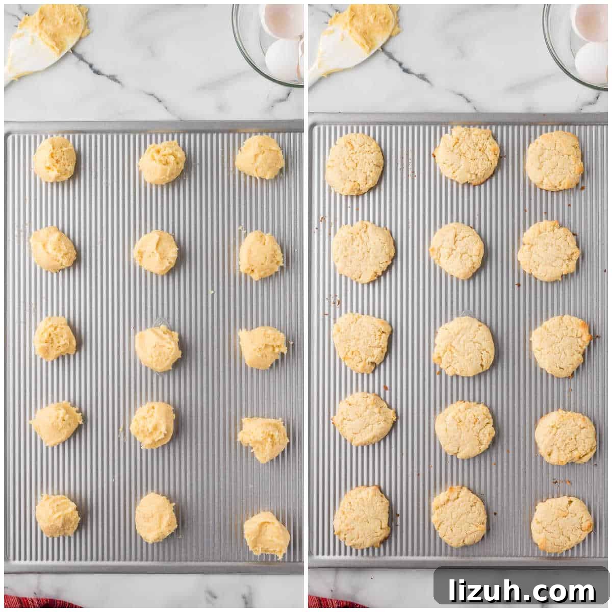 Soft and Chewy Cream Cheese Cookies — Simple Homemade Recipe 5 Collage of baking the cookies on a cookie sheet.