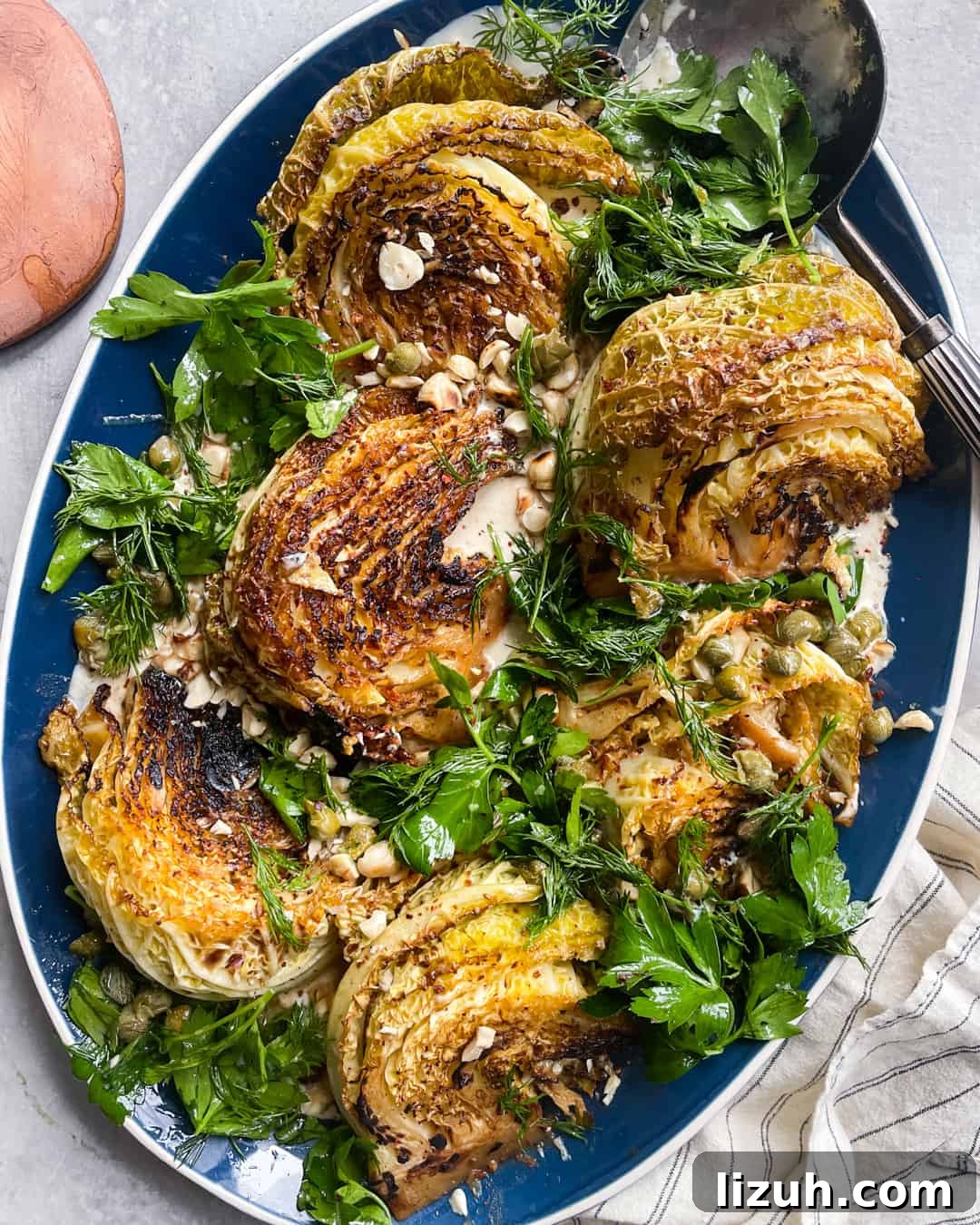 Braised Cabbage, Anchovy Butter, Tahini, Herb & Caper Salad, Primal Gourmet Paleo Whole30