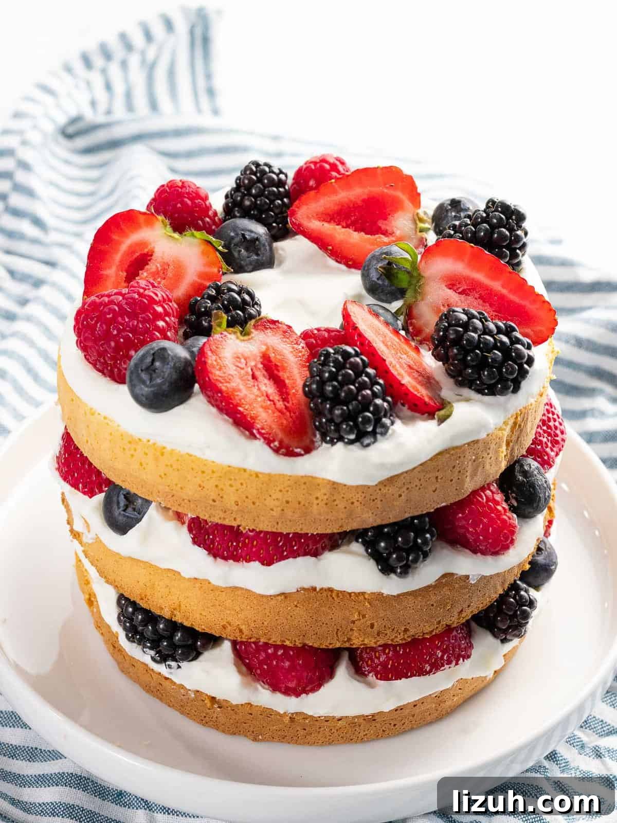 Decadent Mixed Berry Cake Recipe with Fresh Fruit Layers 2 Summer berry cake made with mixed berries and whipped cream.