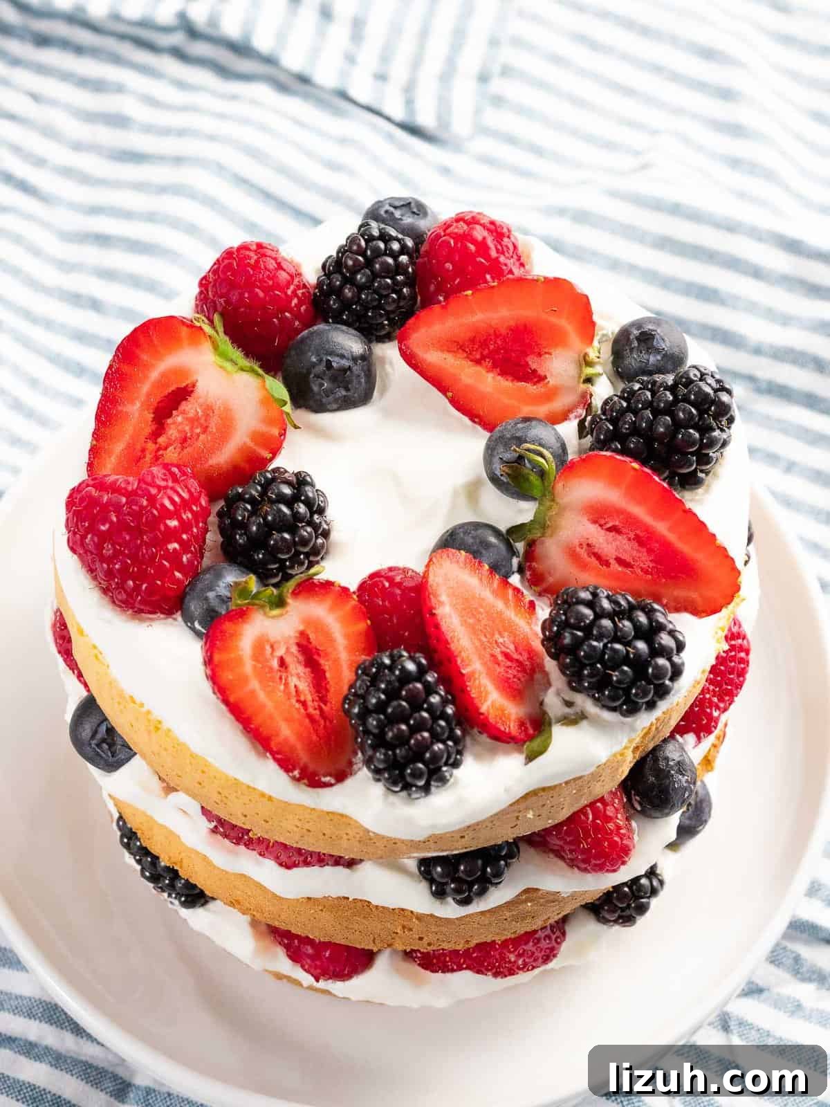 Decadent Mixed Berry Cake Recipe with Fresh Fruit Layers 9 Berry cake with strawberries, blueberries, raspberries, and blackberries layered with cream and sponge cake.