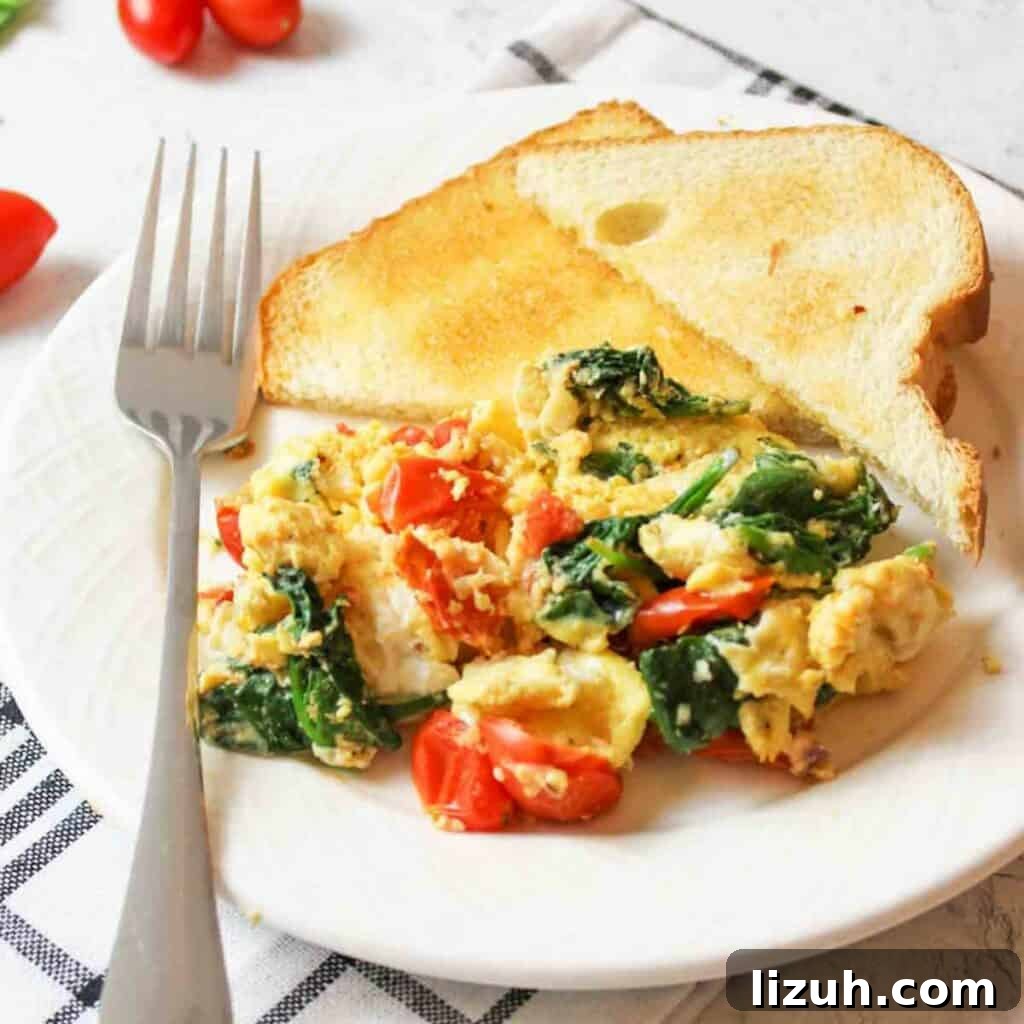 41 Perfect Side Dishes to Serve with Biscuits and Gravy 2 scrambled eggs with spinach and tomato on a plate with toast.