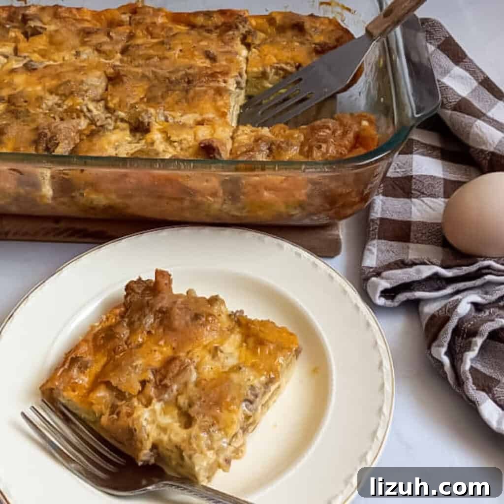41 Perfect Side Dishes to Serve with Biscuits and Gravy 16 a pan of breakfast casserole made with bread, a slice on a small plate.
