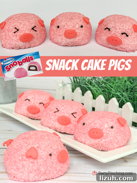 Pigs Made from Snack Cakes: Cute Party Dessert Idea 2 snack cake pigs, piggy snack cakes, piggy pig snoballs, pig snow balls, hostess snow balls, hostess snoballs, pink hostess snoball snowball coconut snack cake pig, cute pig cake, adorable pig cupcakes, best pig cake easy, best easy barnyard farm county fair party ideas