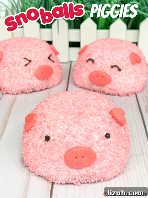 Pigs Made from Snack Cakes: Cute Party Dessert Idea 4 snack cake pigs, piggy snack cakes, piggy pig snoballs, pig snow balls, hostess snow balls, hostess snoballs, pink hostess snoball snowball coconut snack cake pig, cute pig cake, adorable pig cupcakes, best pig cake easy, best easy barnyard farm county fair party ideas
