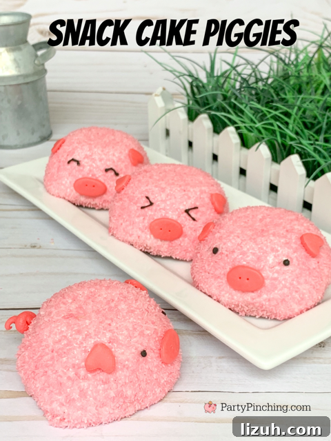 Pigs Made from Snack Cakes: Cute Party Dessert Idea 10 snack cake pigs, piggy snack cakes, piggy pig snoballs, pig snow balls, hostess snow balls, hostess snoballs, pink hostess snoball snowball coconut snack cake pig, cute pig cake, adorable pig cupcakes, best pig cake easy, best easy barnyard farm county fair party ideas