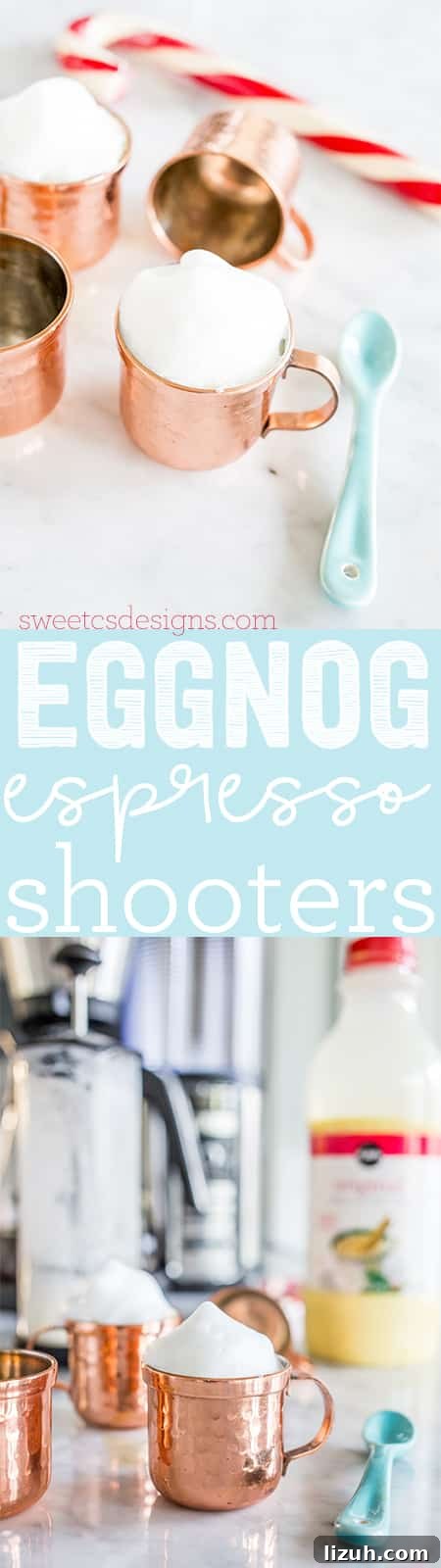 Eggnog Espresso Shooters: Holiday Coffee Cocktail Recipe 9 copper small mug with milk foam on it candy cane in the background