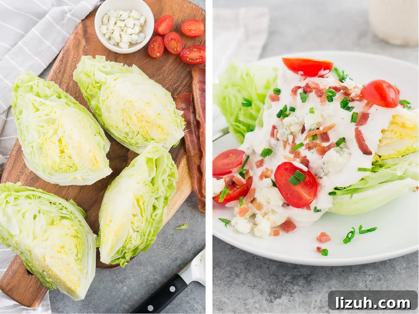 Classic Wedge Salad Recipe with Creamy Blue Cheese Dressing 5 process shots of how to make a wedge salad