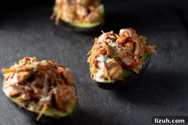 Keto Pulled Pork Stuffed Avocado Boats: Low-Carb Recipe 3 Pulled pork stuffed avocados with cheese.