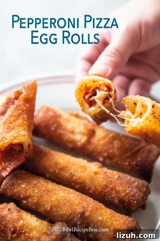 Cheesy pepperoni pizza egg rolls recipe on a plate 
