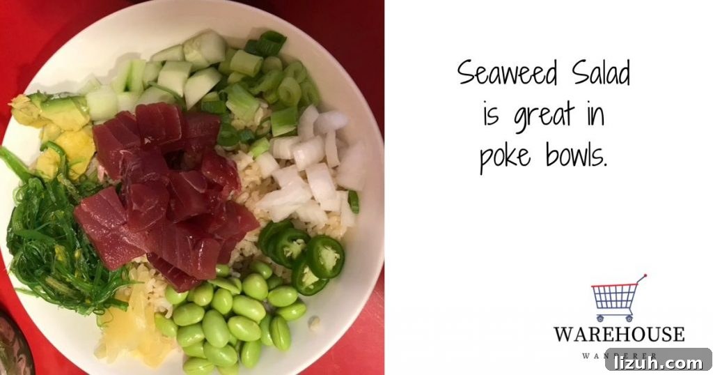 Image of a tuna poke bowl featuring seaweed salad