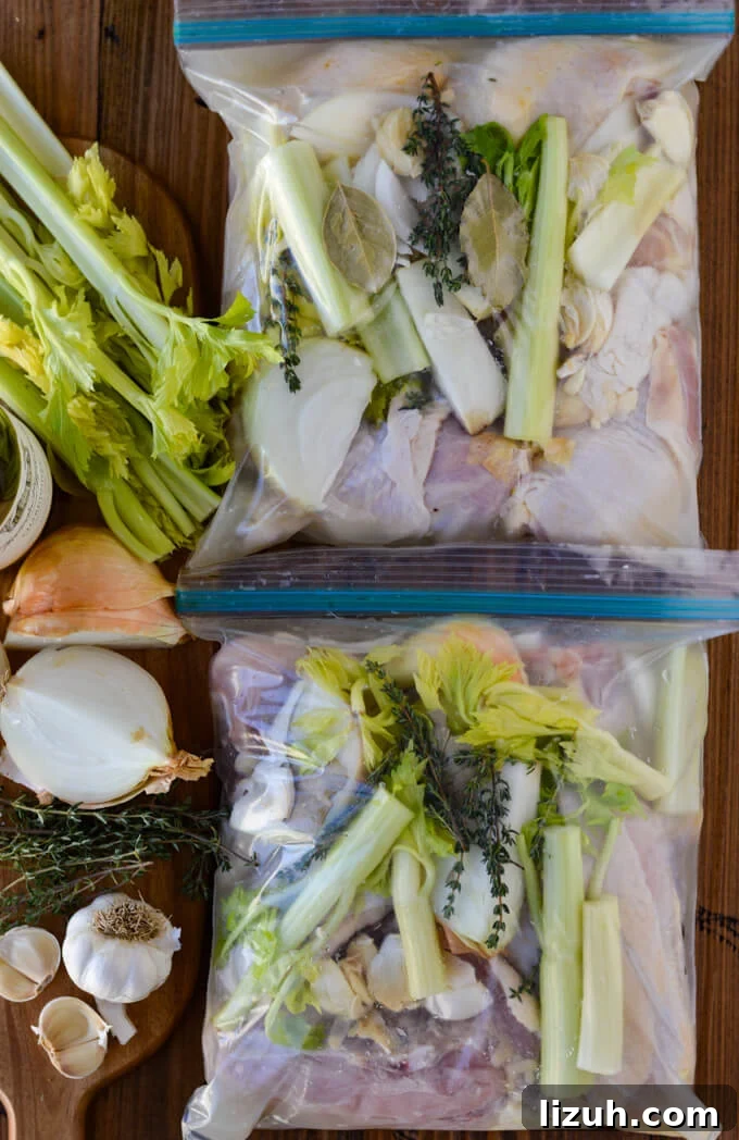 Chicken pieces marinating in white wine with celery, onions, and thyme in two large ziplock bags.