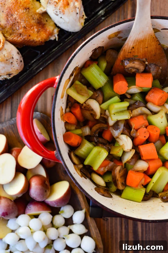 Cooked carrots, celery, onions, garlic and mushrooms in a dutch oven with seared pieces of chicken and halved small red potatoes and frozen pearl onions.