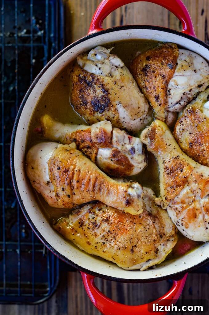 A dutch oven with legs and thigh pieces of chicken sitting in a wine broth liquid.