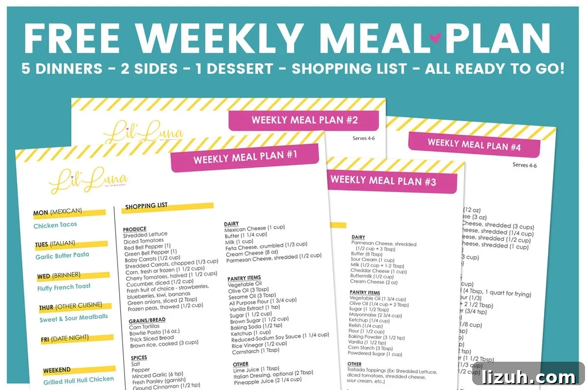 Meal Plan #62 A graphic showing multiple meal plans with printable grocery lists.