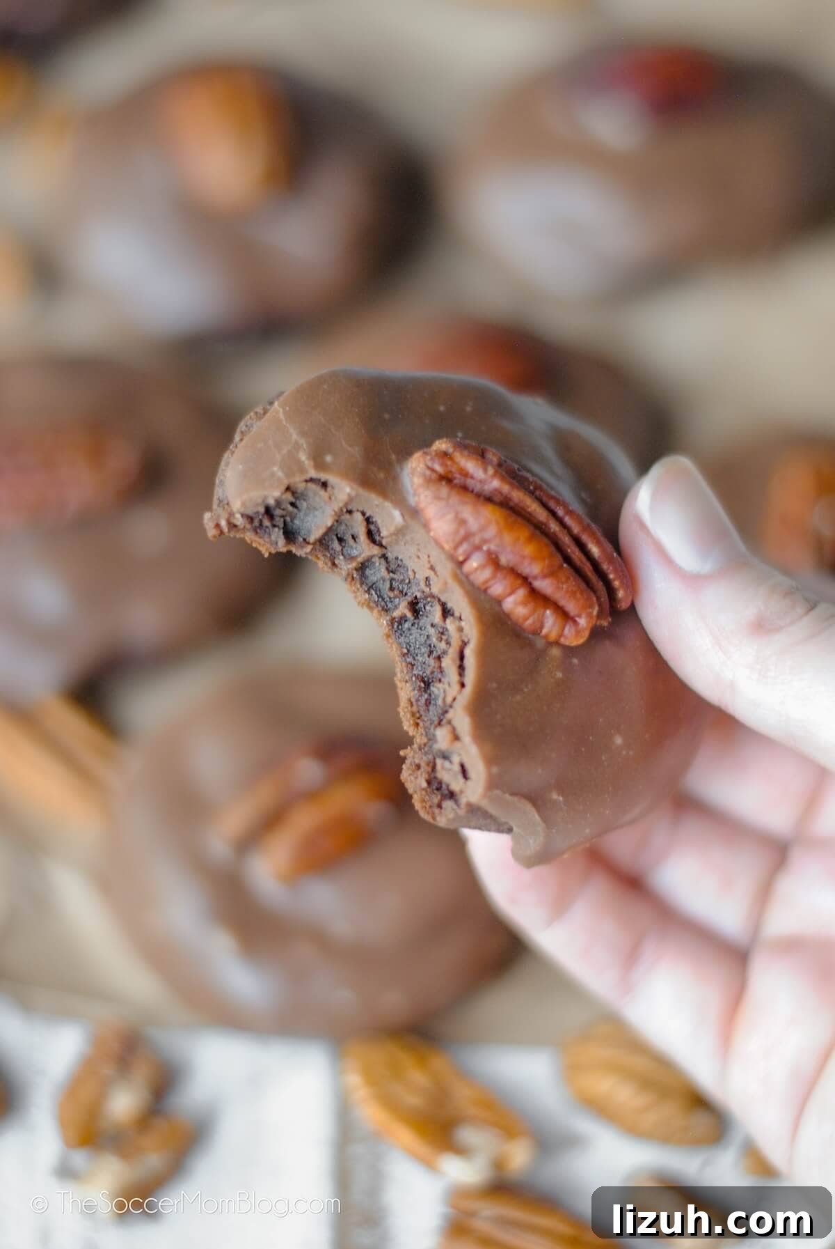 Texas Sheet Cake Cookies Recipe — Decadent Chocolate Cookie Bars 4 hand holding a chocolate cookie with fudge icing and a pecan half, with a bite taken.