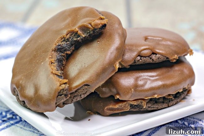 Texas Sheet Cake Cookies Recipe — Decadent Chocolate Cookie Bars 5 stack of chocolate cookies with chocolate icing.