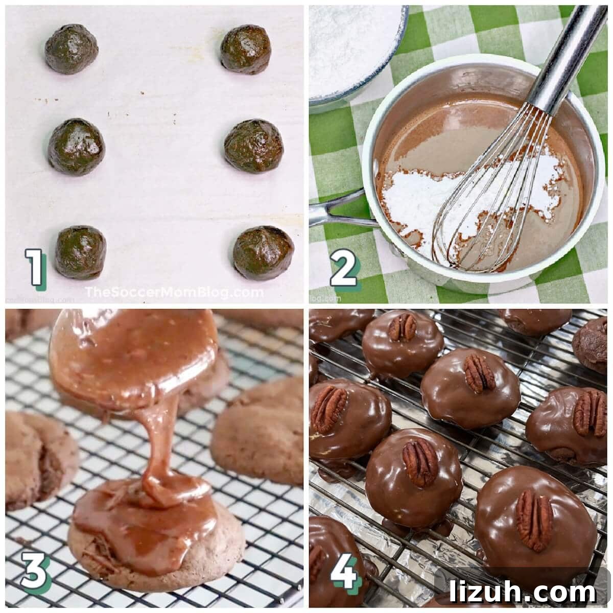 Texas Sheet Cake Cookies Recipe — Decadent Chocolate Cookie Bars 6 4 step photo collage showing how to make Texas Sheet Cake Cookies and ice them.