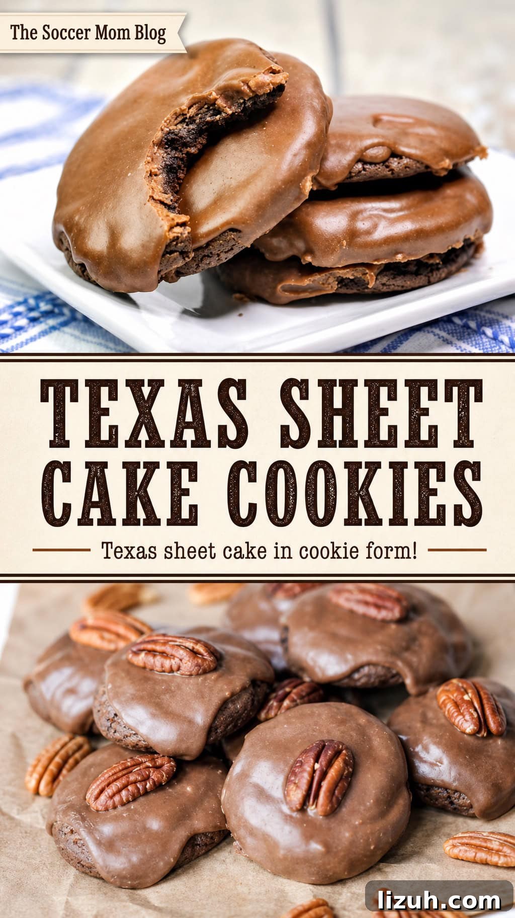 Texas Sheet Cake Cookies Recipe — Decadent Chocolate Cookie Bars 9 2 photo vertical Pinterest image featuring chocolate cookies, text overlay "Texas Sheet Cake Cookies".