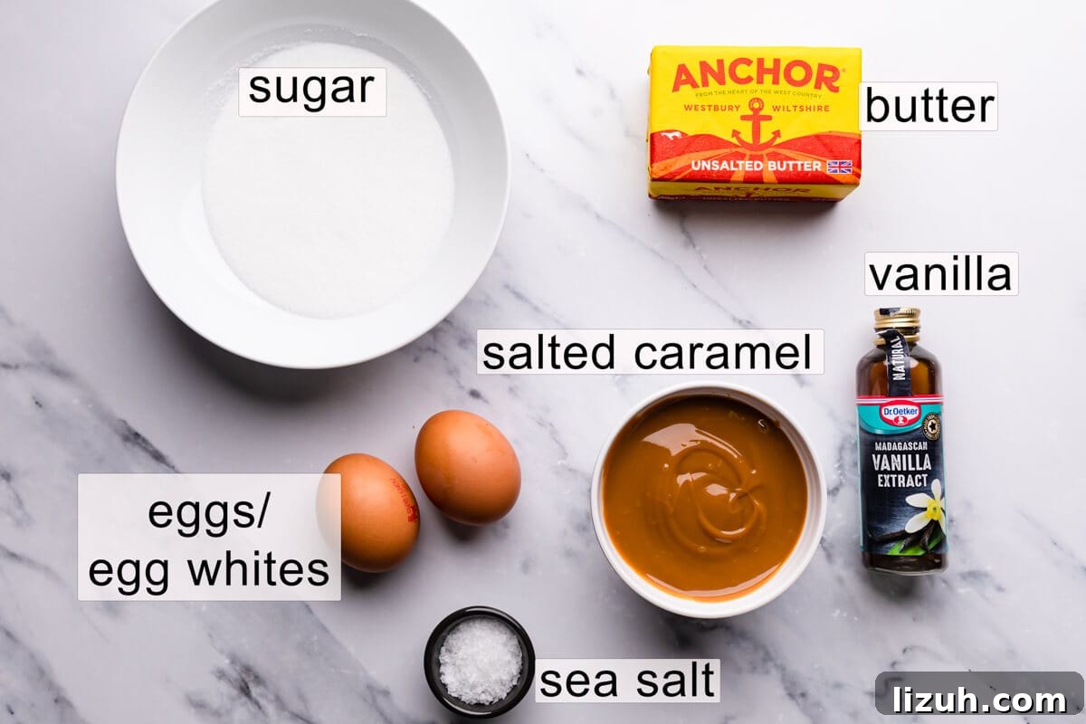 Irresistible Salted Caramel Macarons Recipe for Perfect Results 4 ingredients for the swiss meringue buttercream with text labels.