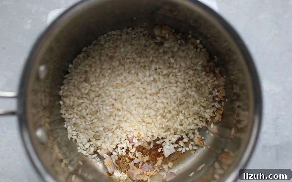 A pot filled with risotto, garlic and onions.