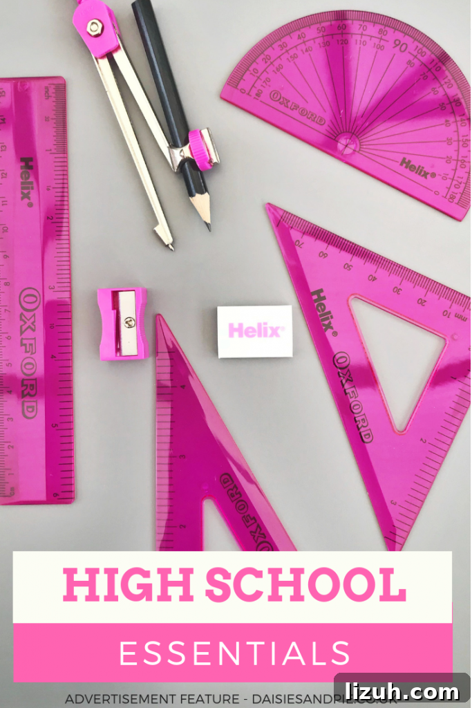 High School Survival Guide Written by Teens 2 Oxford Maths set in pink. Text 'high school essentials'
