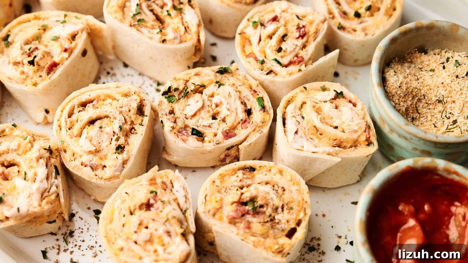 35 Game-Day Recipes to Win Your Season’s Food Lineup 15 A plate of tortilla pinwheels filled with a creamy mixture, garnished with herbs, served with bowls of salsa and breadcrumbs.