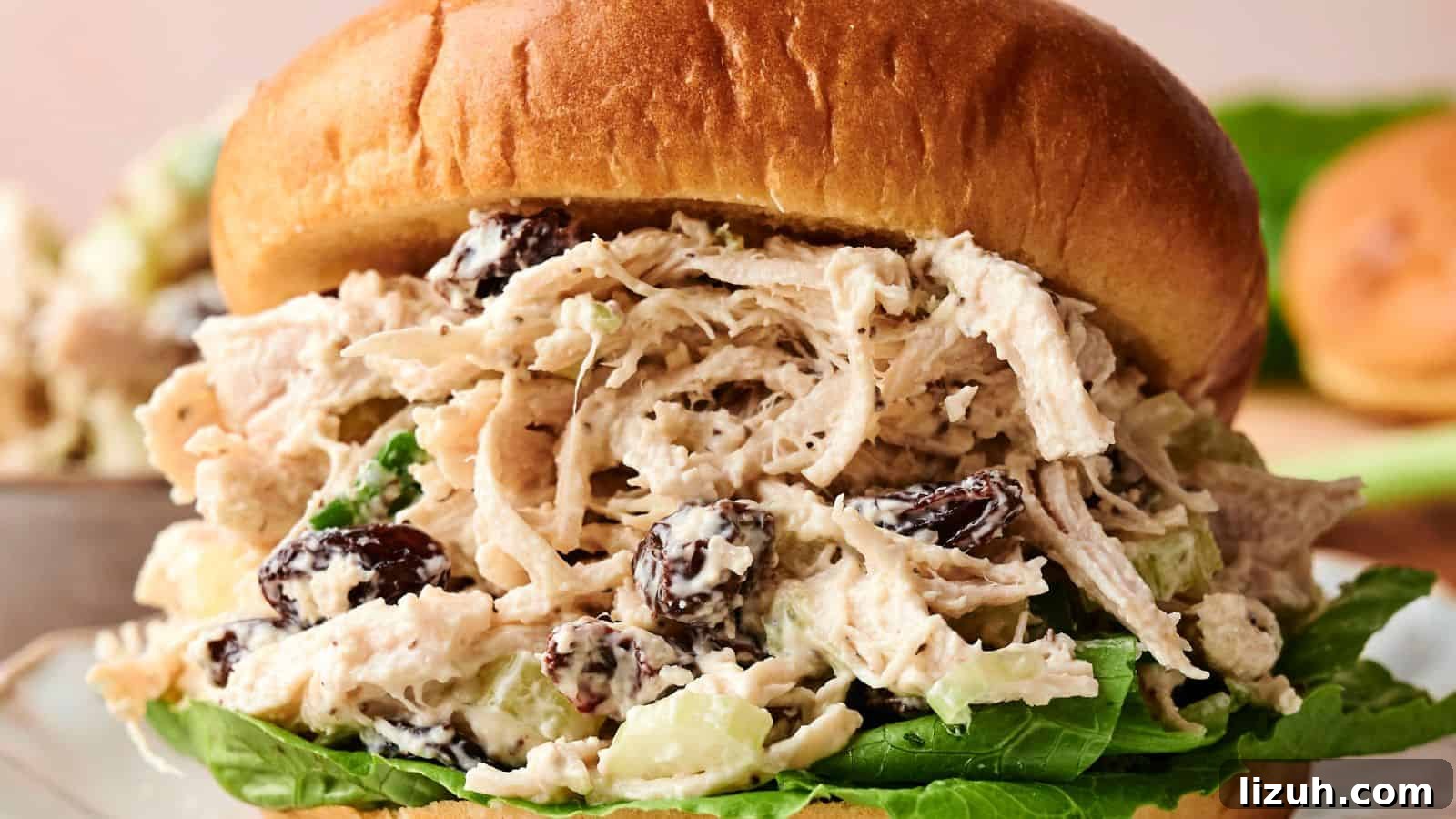 35 Game-Day Recipes to Win Your Season’s Food Lineup 3 A shredded chicken salad sandwich with lettuce, raisins, and a creamy dressing served in a brioche bun.