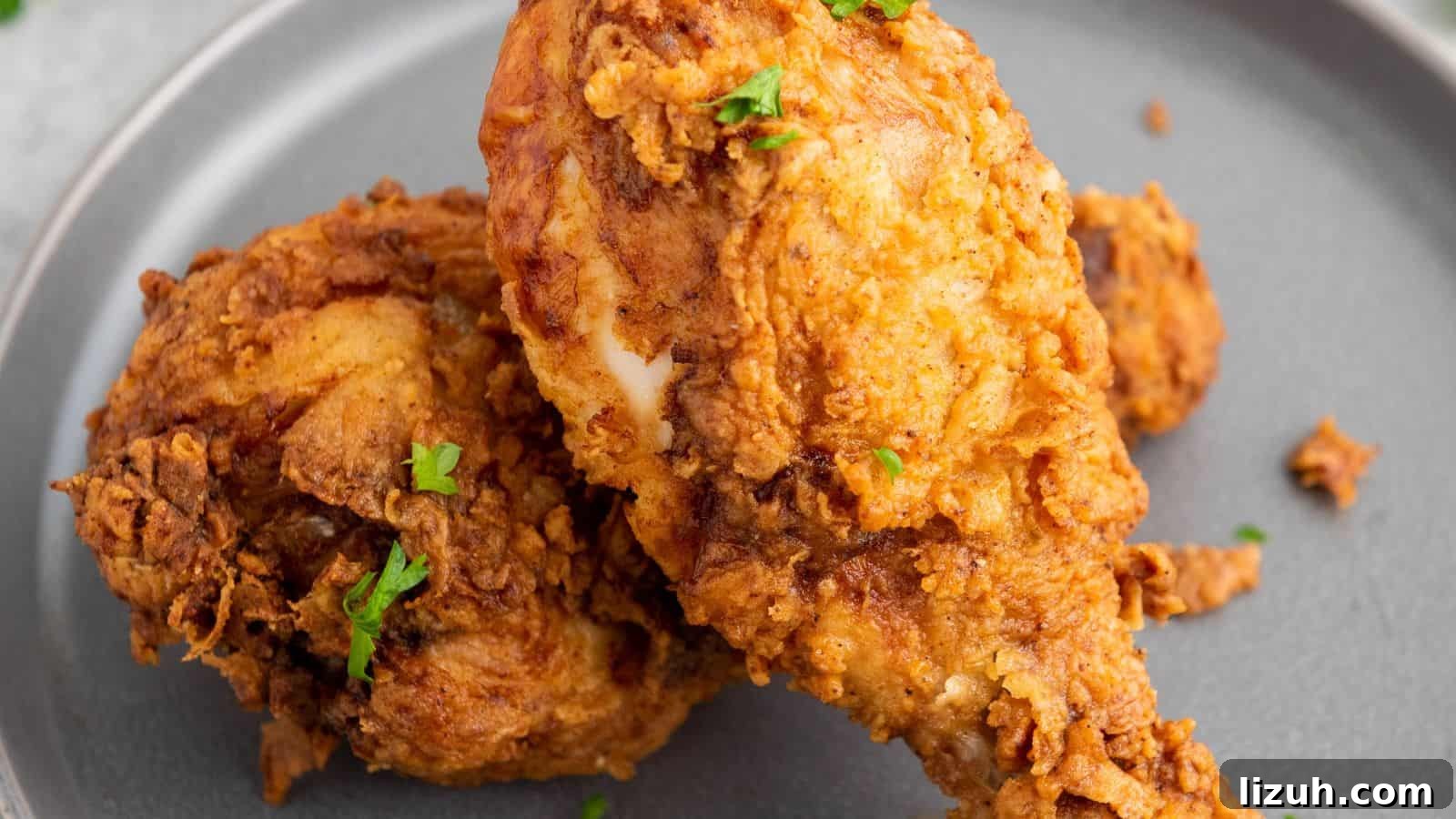35 Game-Day Recipes to Win Your Season’s Food Lineup 21 Two pieces of fried chicken on a gray plate, garnished with small bits of green herbs.