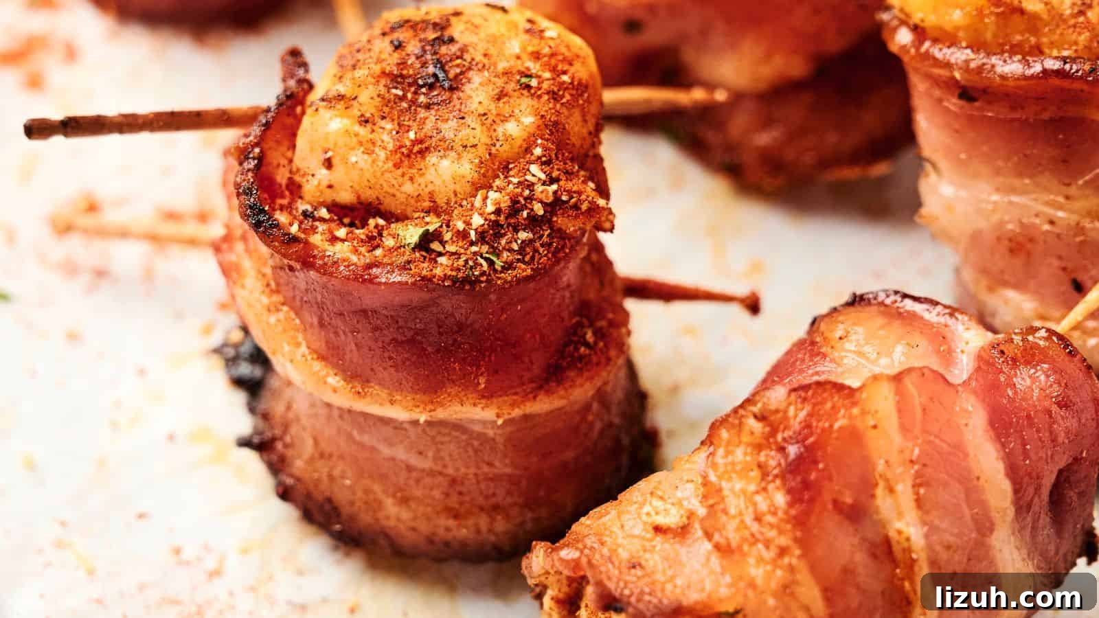 35 Game-Day Recipes to Win Your Season’s Food Lineup 22 Close-up of bacon-wrapped scallops secured with toothpicks, seasoned with spices, and cooked until golden and crispy.