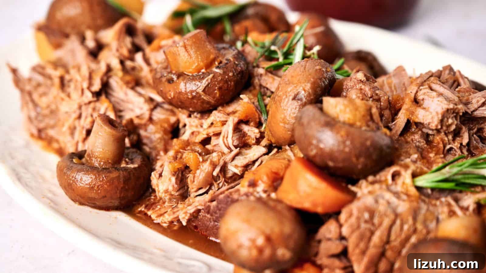 35 Game-Day Recipes to Win Your Season’s Food Lineup 24 Slow cooker pot roast with mushrooms and carrots garnished with fresh rosemary.
