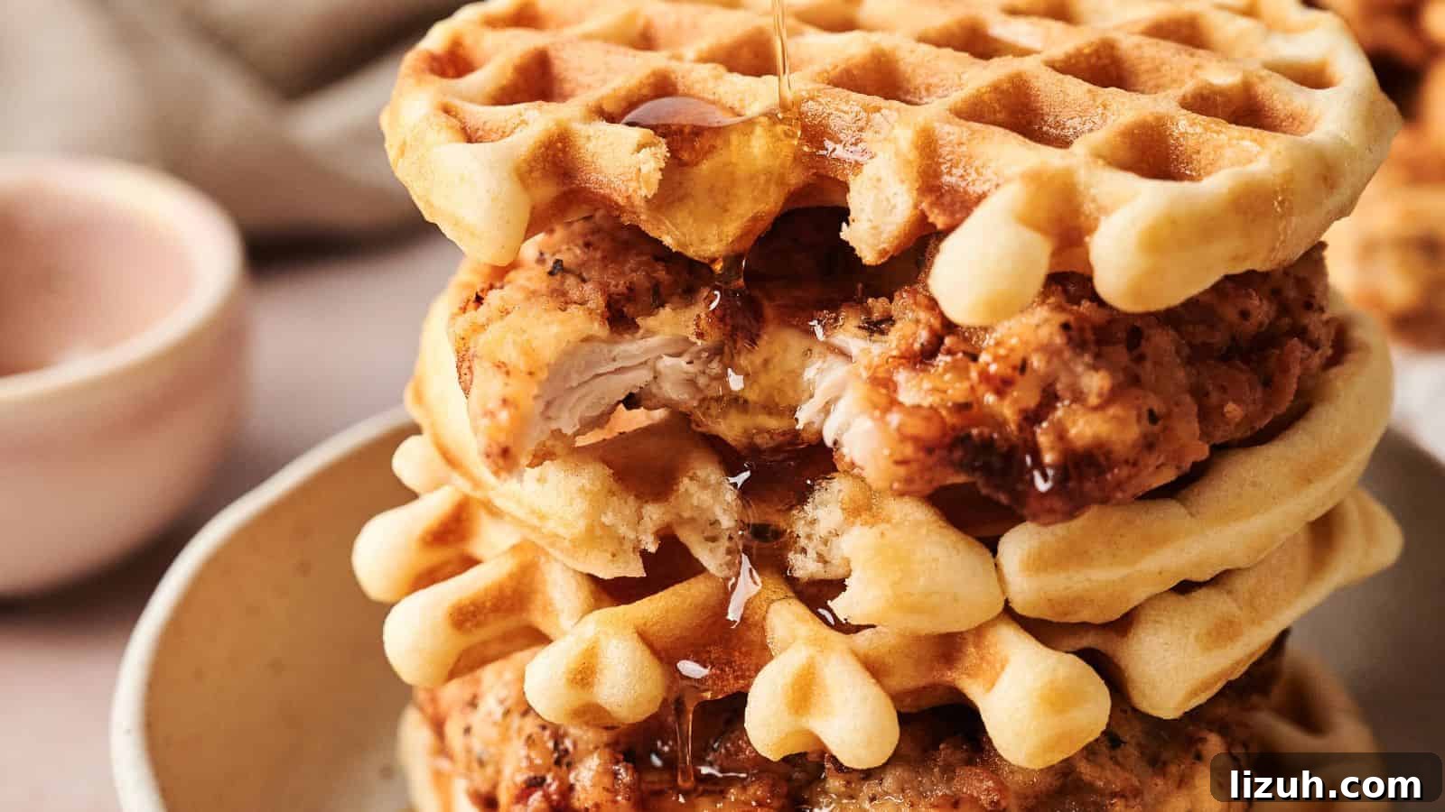 35 Game-Day Recipes to Win Your Season’s Food Lineup 10 A stack of waffles and fried chicken pieces with syrup being poured on top, served on a beige plate.