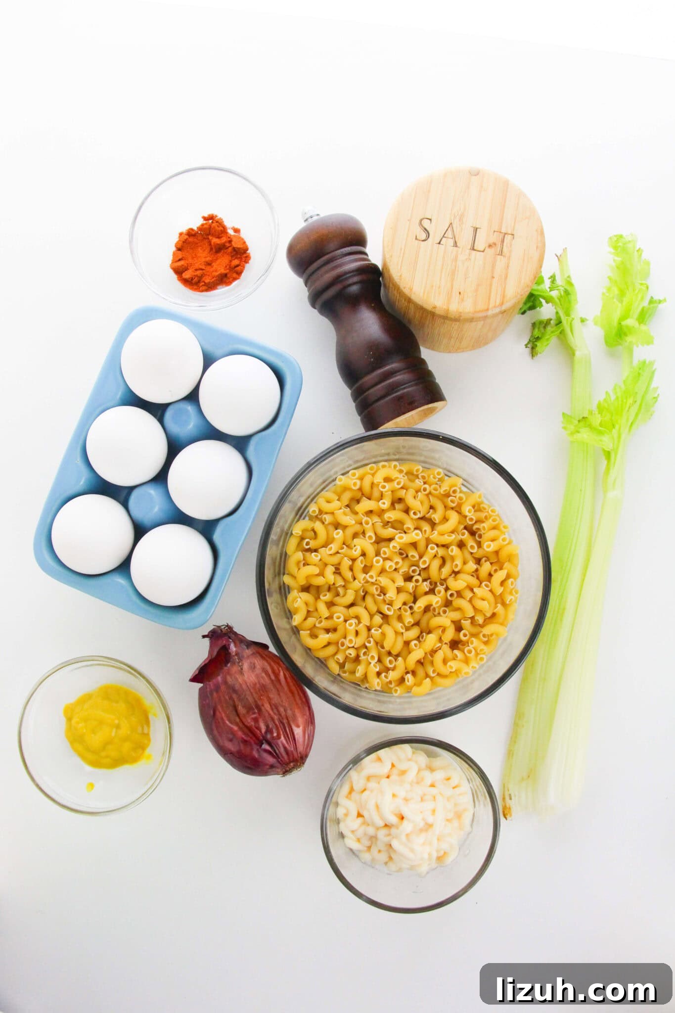 Ingredients for the dish including eggs, elbow macaroni, celery stalks, red onion, mustard, paprika, salt, pepper, and mayonnaise—arranged neatly on a white surface.