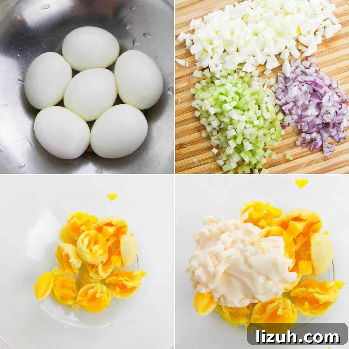 Four images show steps for making deviled egg salad: peeled boiled eggs in a bowl, chopped vegetables on a cutting board, egg yolks in a bowl, and yolks mixed with mayonnaise.