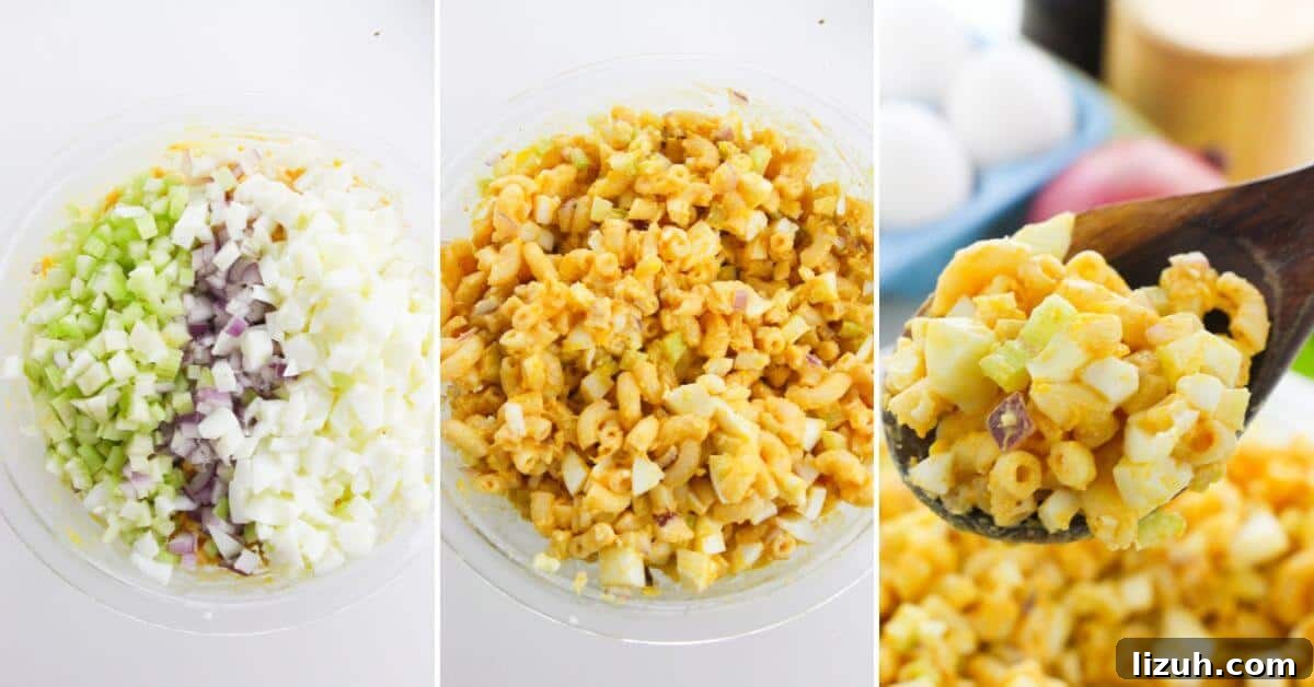 Three images show the steps of making diced vegetables and eggs in a bowl, mixed salad, and a spoon lifting a portion of the finished dish.