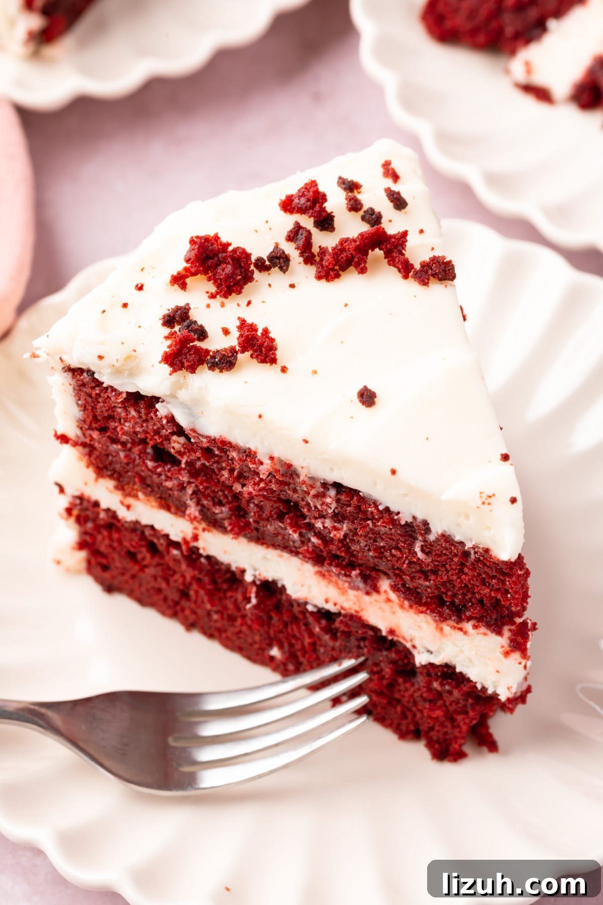 Gluten-Free Red Velvet Cake Recipe: Moist, Rich & Simple to Make 14 A slice of gluten-free red velvet cake on a plate frosted with cream cheese frosting and topped with a sprinkle of cake crumbs.