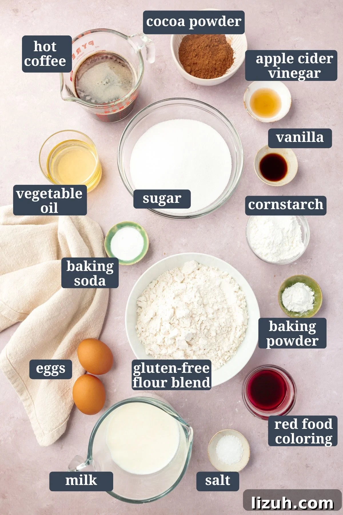 Gluten-Free Red Velvet Cake Recipe: Moist, Rich & Simple to Make 3 Ingredients for making gluten-free red velvet cake in bowls on a table with text overlay.